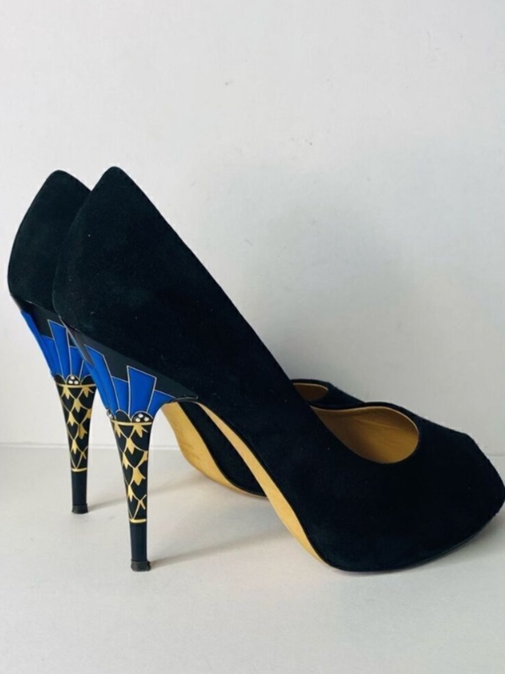 🛍️ Giuseppe Zanotti Black Suede Pumps with Blue & Gold Patterned Heels